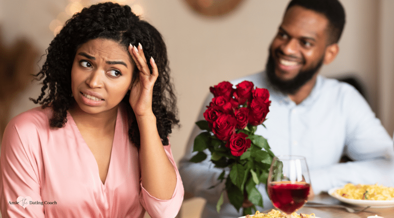 woman cringing on a date with a man giving her flowers